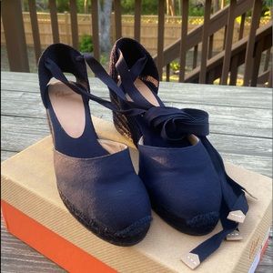 Castañer canvas wedge espadrille navy blue